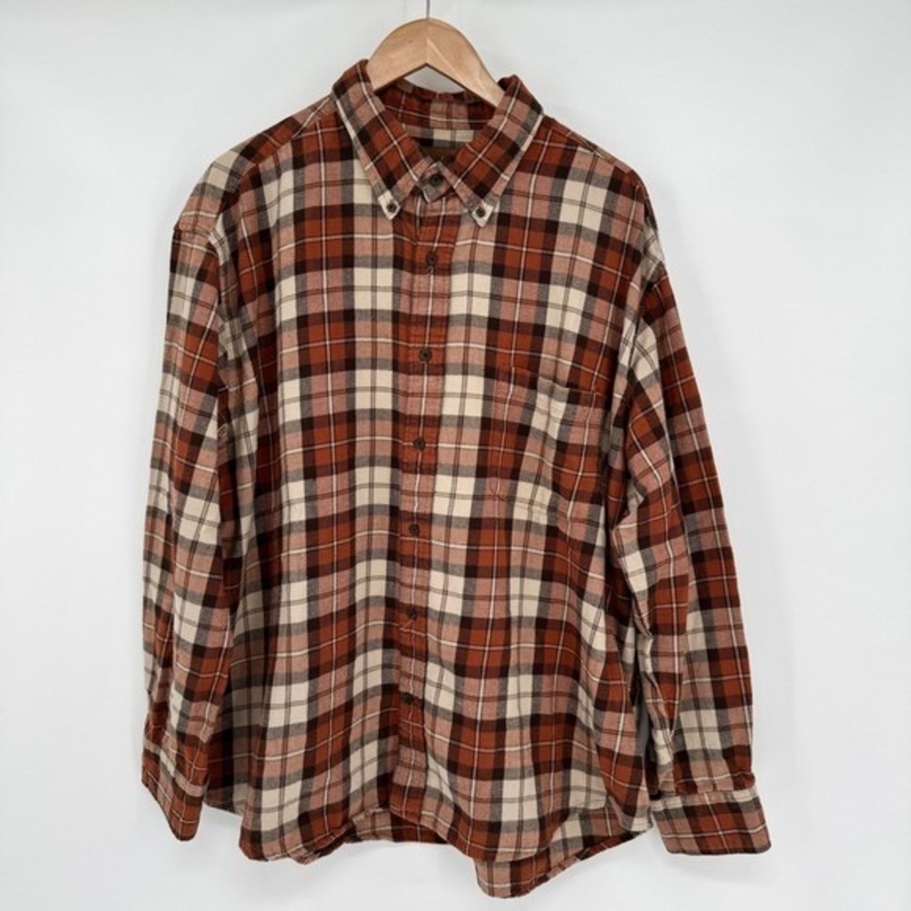 St. Johns Bay Long Sleeve Orange/Brown Plaid Button Down Flannel Shirt Men's XXL